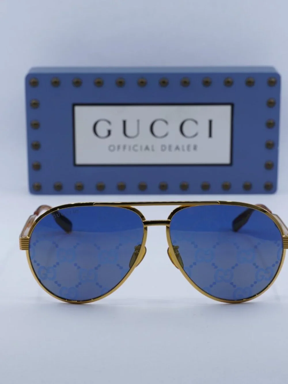 Gucci GG1513S 005 Aviator Sunglasses - Gold\Blue with Gold Logo Mirror
